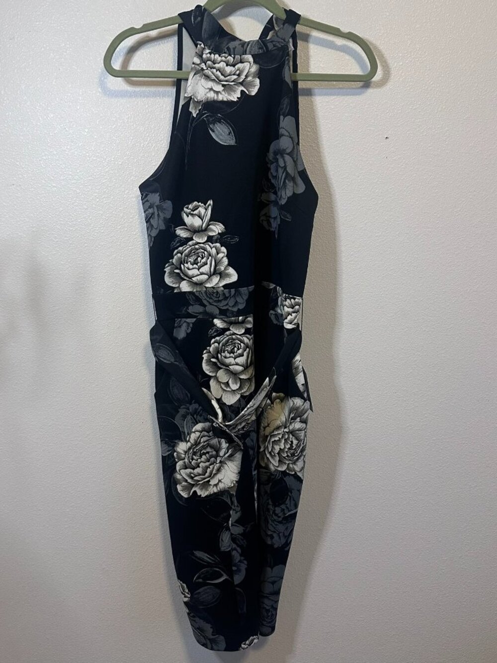 Venus Black Floral Halter Midi Dress Cutout Pockets